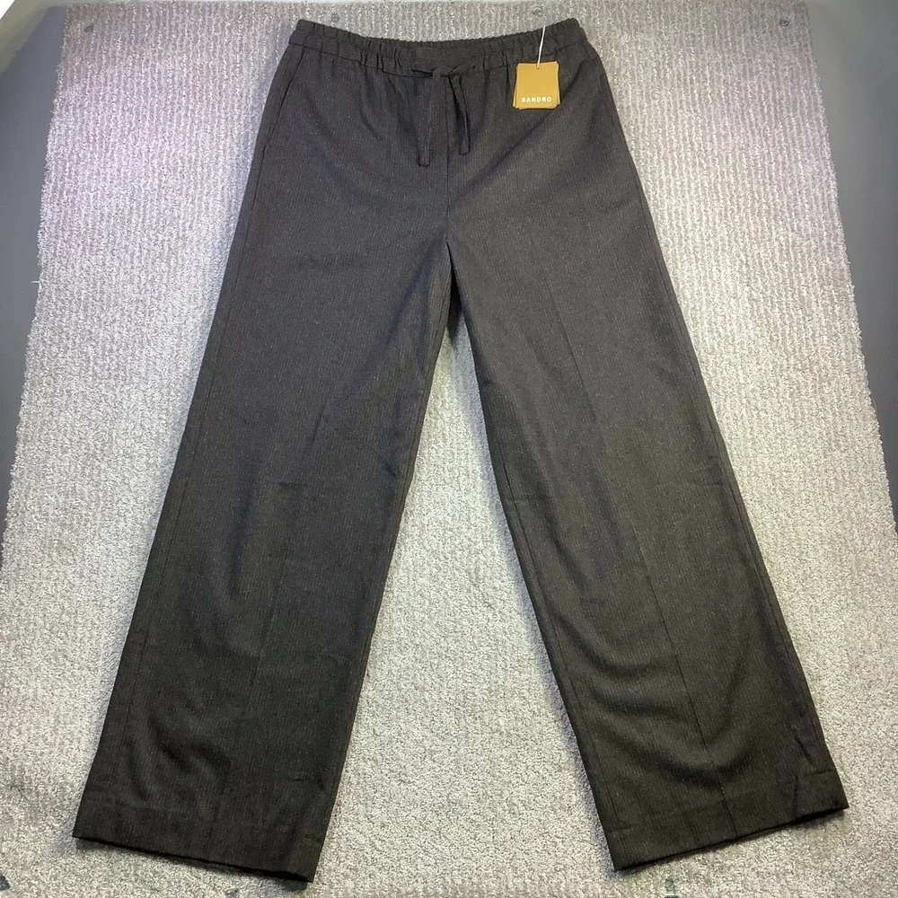 Sandro Womens Brown Pinstripe Wool Blend Wide Leg Drawstring‎ Pants 42 NWT
